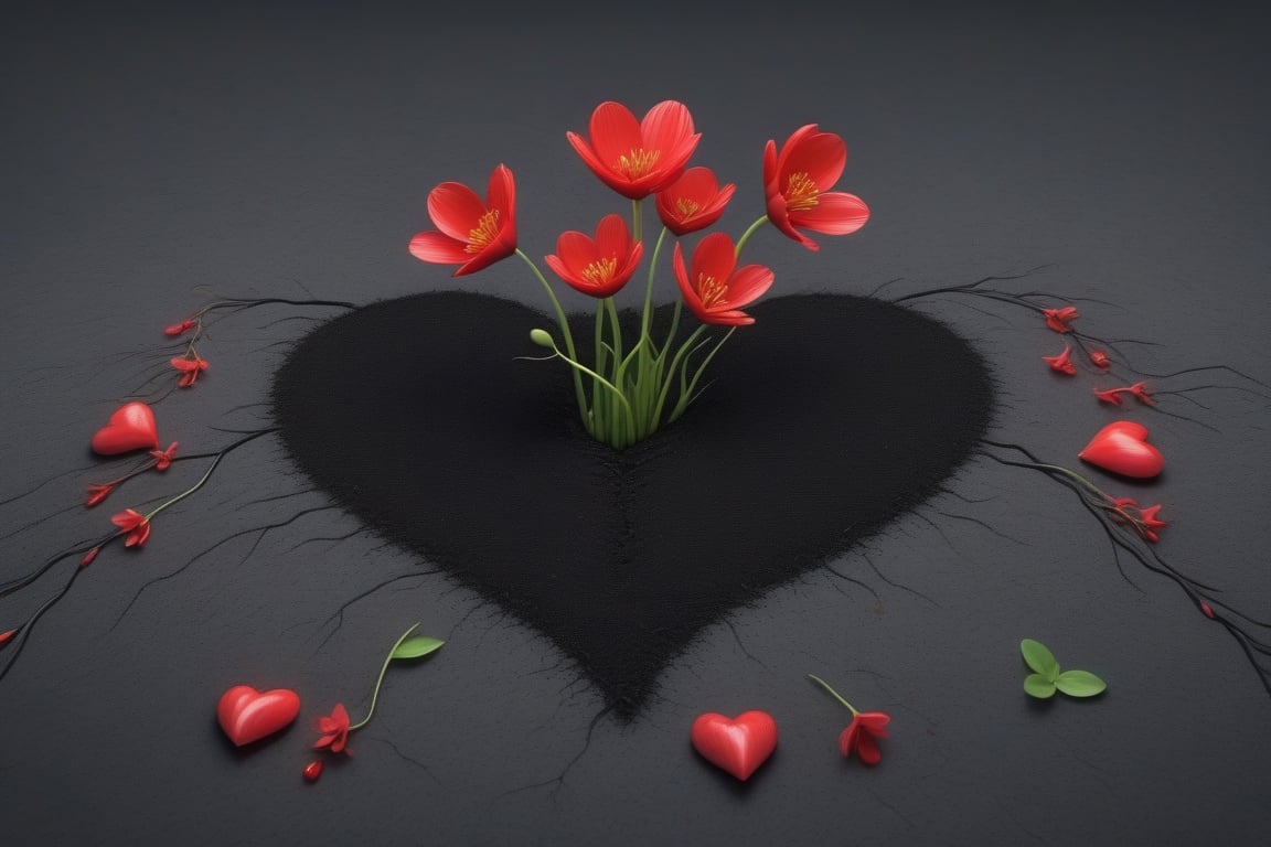 blank pure lightblack backround, one sprouting seed with thin root system on the ground at the bottom of the picture, 3 red blooming flowers,the petals are falling, and some of them makd up a lovely heart shape on the ground,high photorealistic