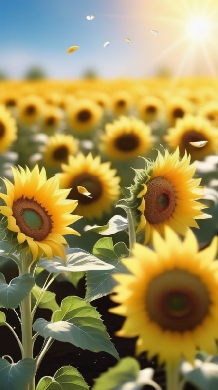 blank pure blured backround,  blooming Sunflowers,  the petals are falling on the ground at the bottom of the picture,  sunlight
high photorealistic