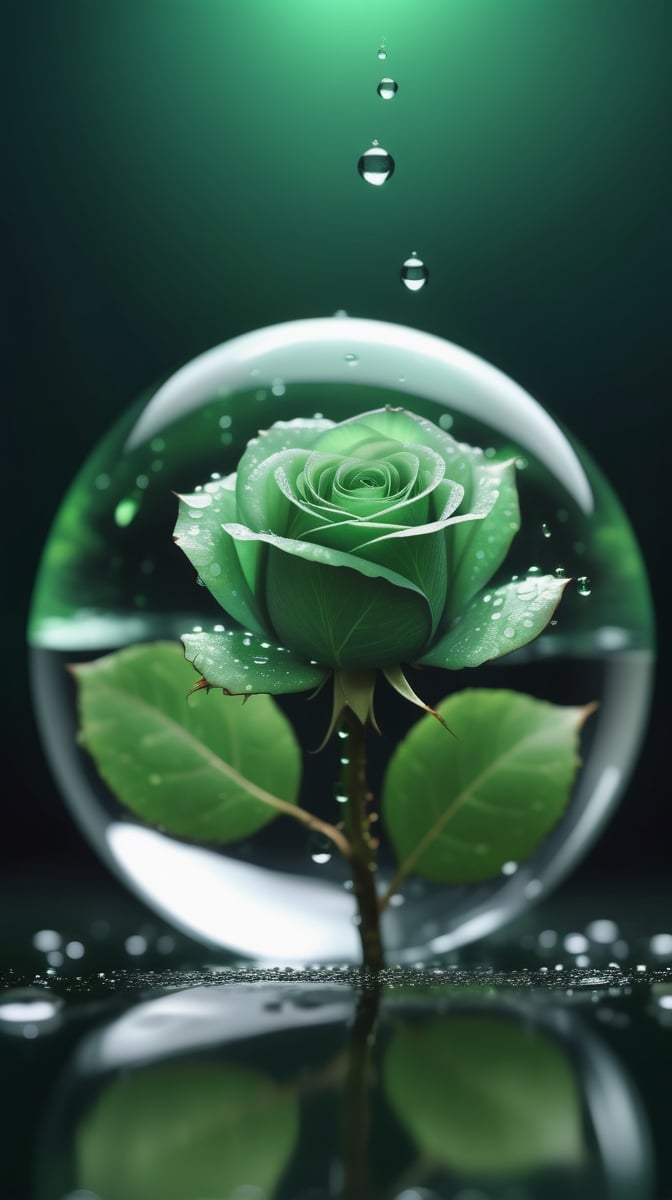 a simple blurred dark moss green background, a big transparent crystal  sphere filled with clear water and a few droplets of water,in which grows a tender green rose with two large leaves and a thin stem,love heart shape,the entire scene is illuminated by a soft green light, giving a sense of tranquility and harmony,
photorealistic

