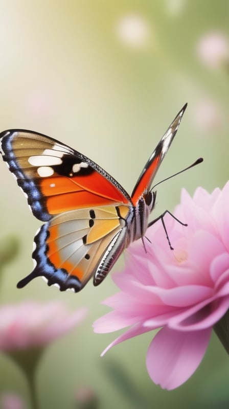 a simple pure blank background, a colorfull butterfly,gracefully landing on kinds of flowers, portrayed in a realistic photographic style with a macro lens, capturing the smallest details