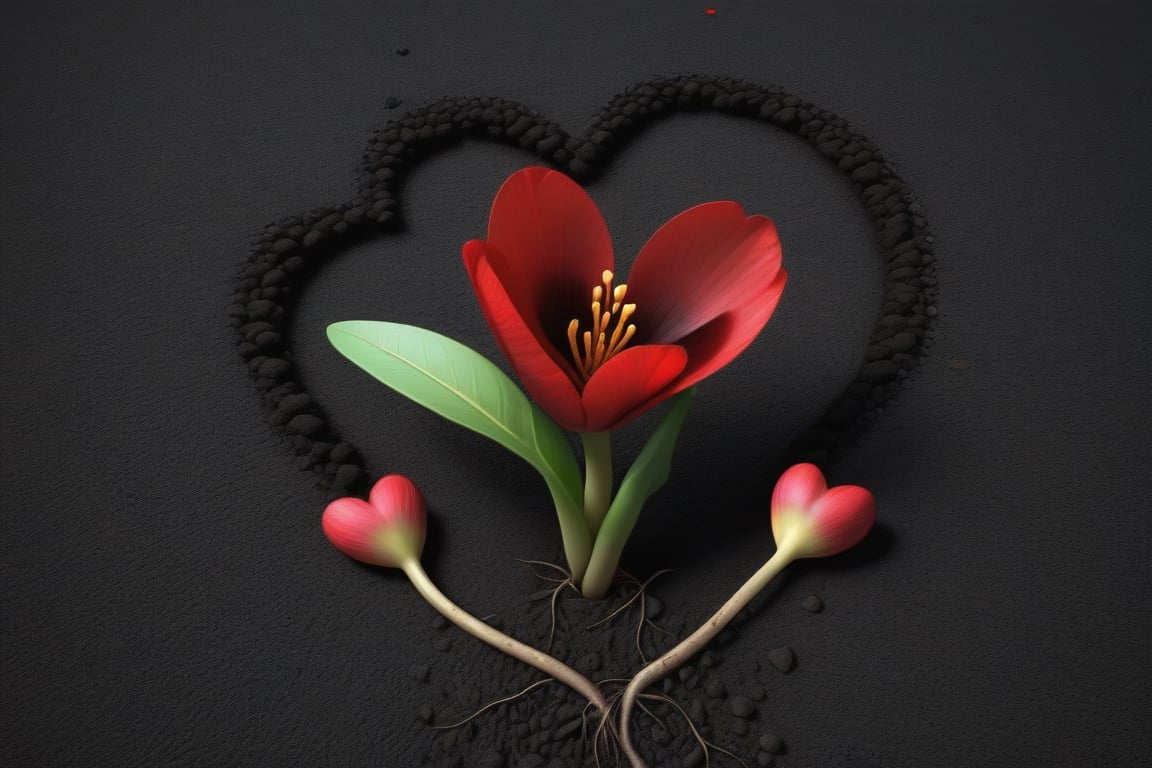 blank pure lightblack backround, one sprouting seed with thin root system on the ground at the bottom of the picture, 3 red blooming flowers,the petals are falling, and some of them makd up a lovely heart shape on the ground,high photorealistic