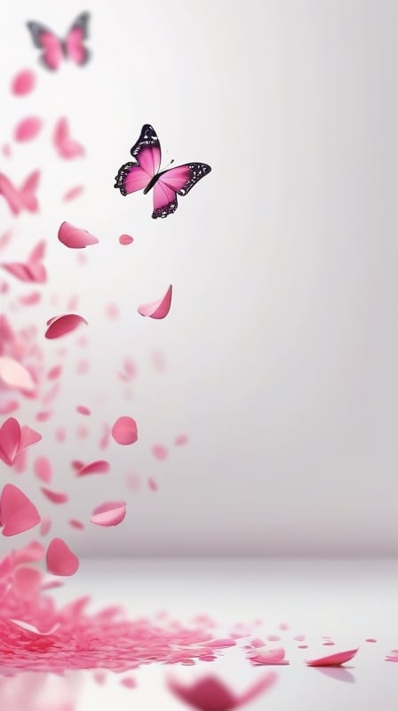 blank pure simple blank backround with one pink colorfully butterfly,(falling petals),blur background,  photorealistic