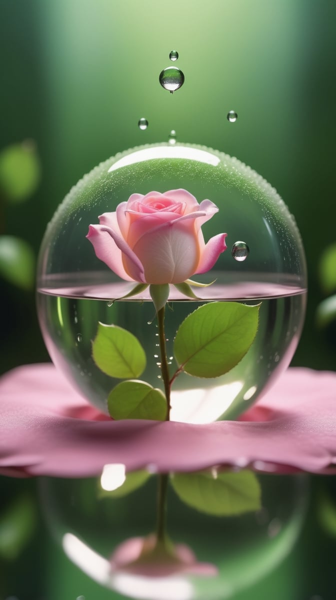 a simple blurred moss green background, a big transparent sphere filled with clear water and a few droplets of water,in which grows a tender pink rose with two large leaves and a thin stem,love heart shape,the entire scene is illuminated by a soft green light, giving a sense of tranquility and harmony,
photorealistic

