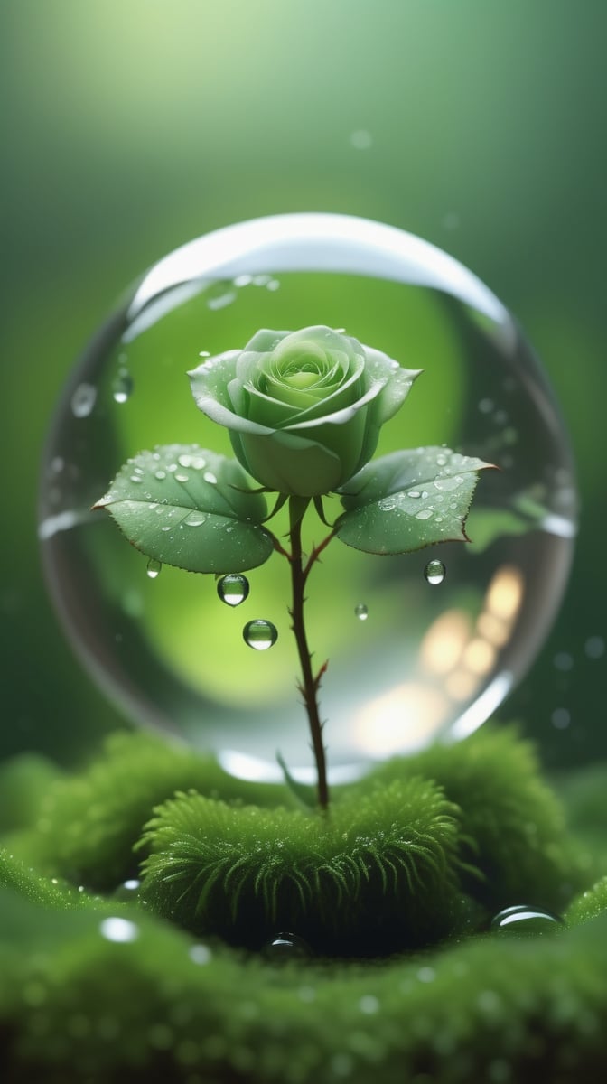 a simple blurred moss green background, a big transparent sphere filled with clear water and a few droplets of water,in which grows a tender green rose with two large leaves and a thin stem,love heart shape,the entire scene is illuminated by a soft green light, giving a sense of tranquility and harmony,
photorealistic

