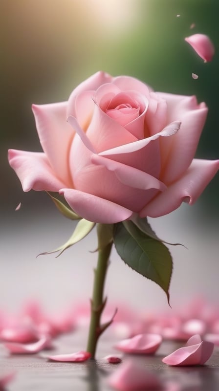 one pink blooming rose,(falling petals),blur background, and the petals like vaginal region on the ground,
photorealistic,Close-up Pussy