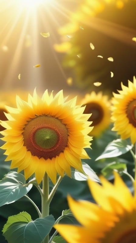 blank pure blured backround,  blooming Sunflowers,  the petals are falling on the ground at the bottom of the picture,  sunlight
high photorealistic