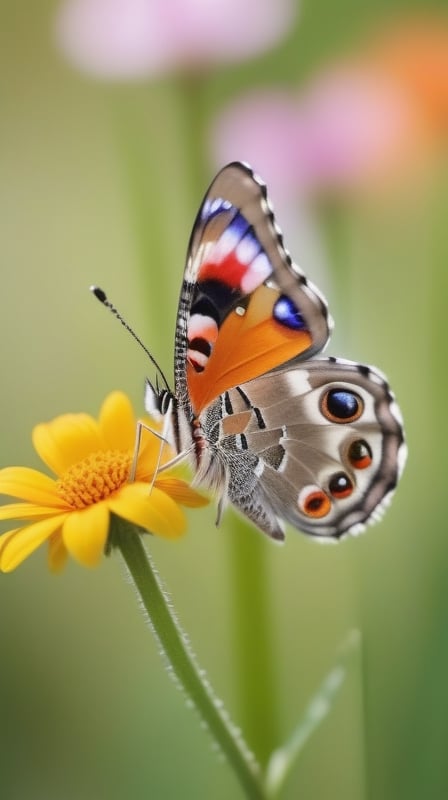 a simple pure blank background, a colorfull butterfly,gracefully landing on kinds of flowers, portrayed in a realistic photographic style with a macro lens, capturing the smallest details