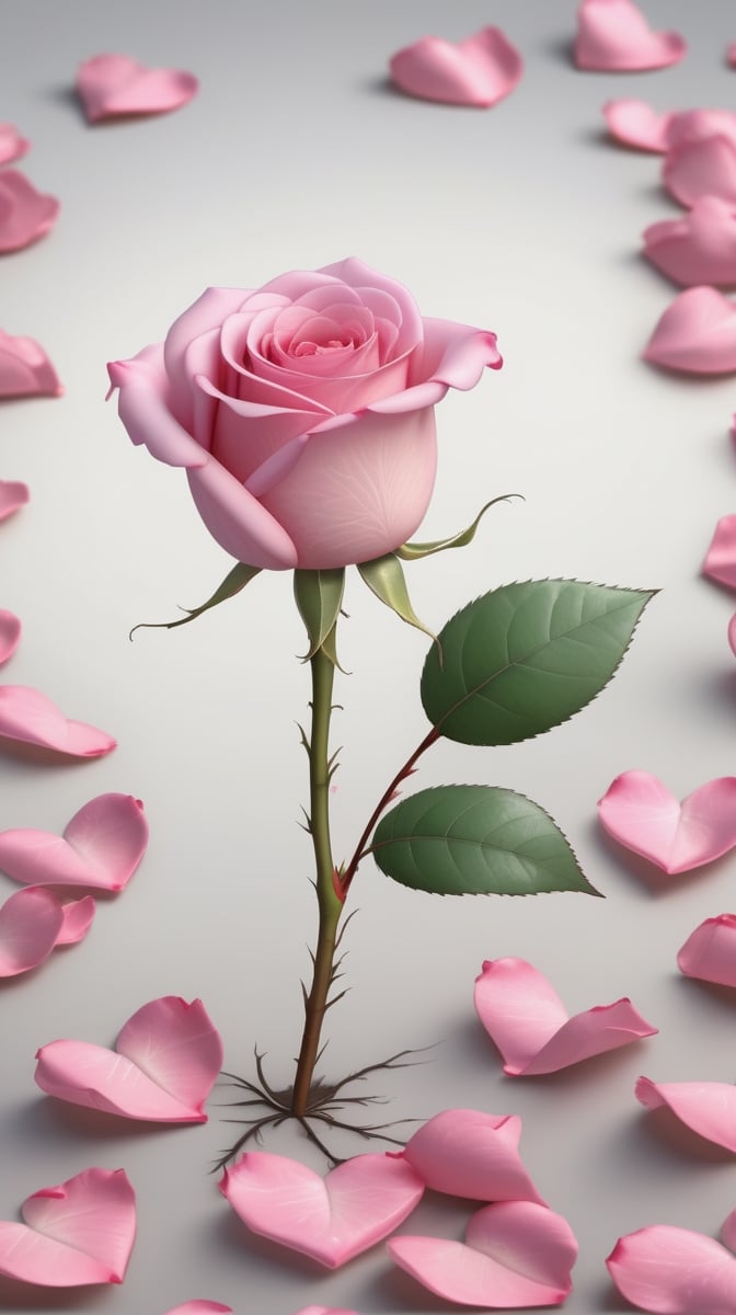 one pink blooming rose,the petals are falling, the petals formed a lovely heart shape on the ground,with a thin root system, high quality,
photorealistic

