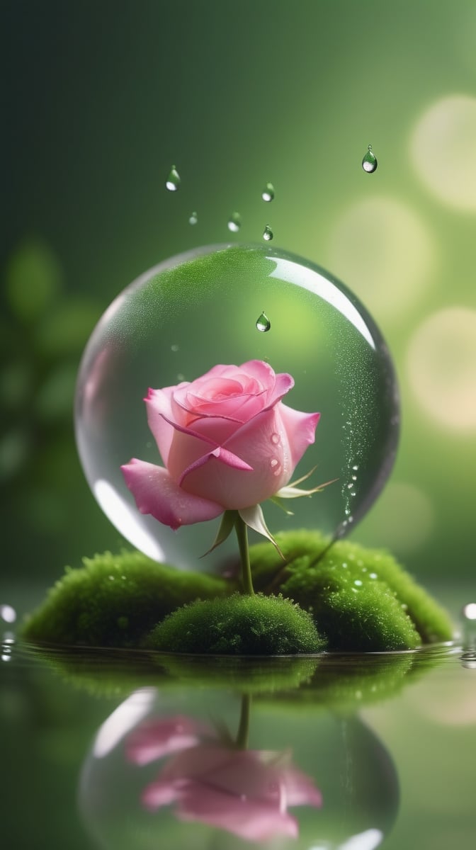 a simple blurred moss green background, a big transparent sphere filled with clear water and a few droplets of water,in which grows a tender pink rose with two large leaves and a thin stem,love heart shape,the entire scene is illuminated by a soft green light, giving a sense of tranquility and harmony,
photorealistic

