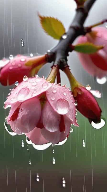  a blooming cherry branch covered in drew and rain drops
