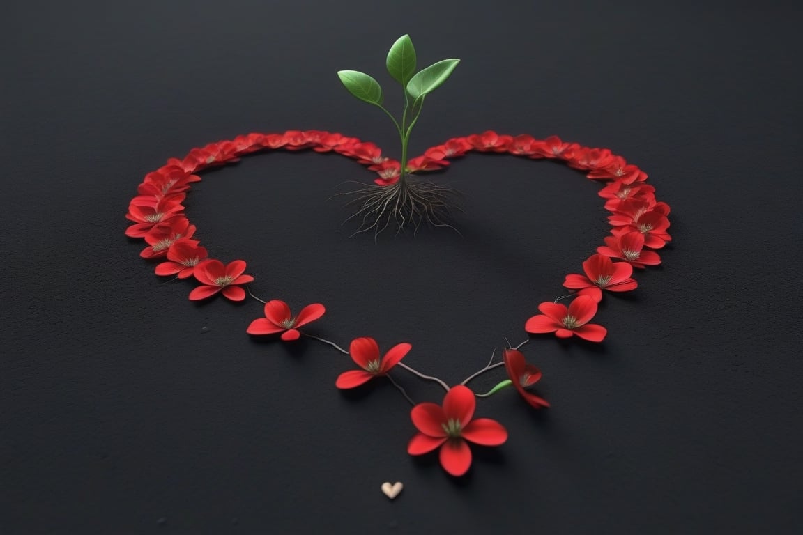 blank pure lightblack backround, one sprouting seed with thin root system on the ground at the bottom of the picture, 3 red blooming flowers,the petals are falling, and some of them makd up a lovely heart shape on the ground,high photorealistic