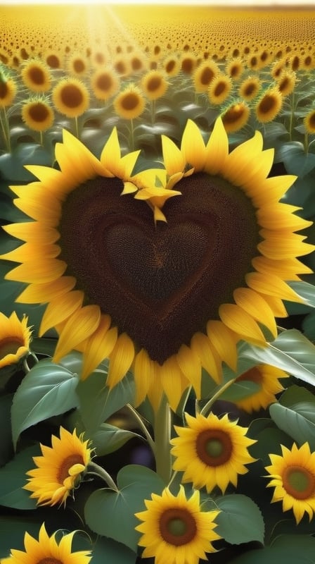 blank pure blured backround, one  blooming Sunflower,  the petals are falling on the ground at the bottom of the picture,  and some of them makd up a lovely heart shape on the ground,high photorealistic