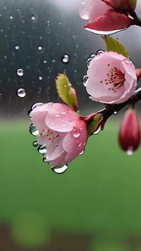  a blooming cherry branch covered in drew and rain drops
