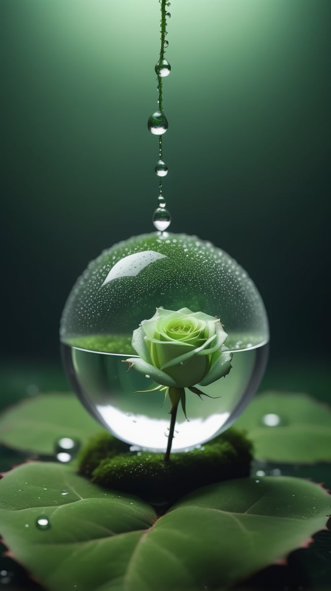 a simple blurred dark moss green background, a big transparent crystal  sphere filled with clear water and a few droplets of water,in which grows a tender green rose with two large leaves and a thin stem,love heart shape,the entire scene is illuminated by a soft green light, giving a sense of tranquility and harmony,
photorealistic

