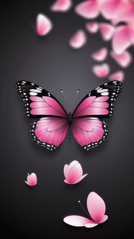 blank pure lightblack backround with one pink colorfully butterfly,(falling petals),blur background,  photorealistic