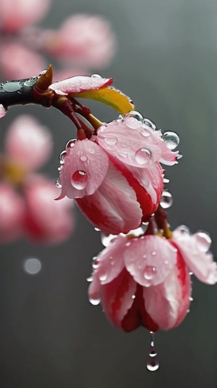  a blooming cherry branch covered in drew and rain drops
