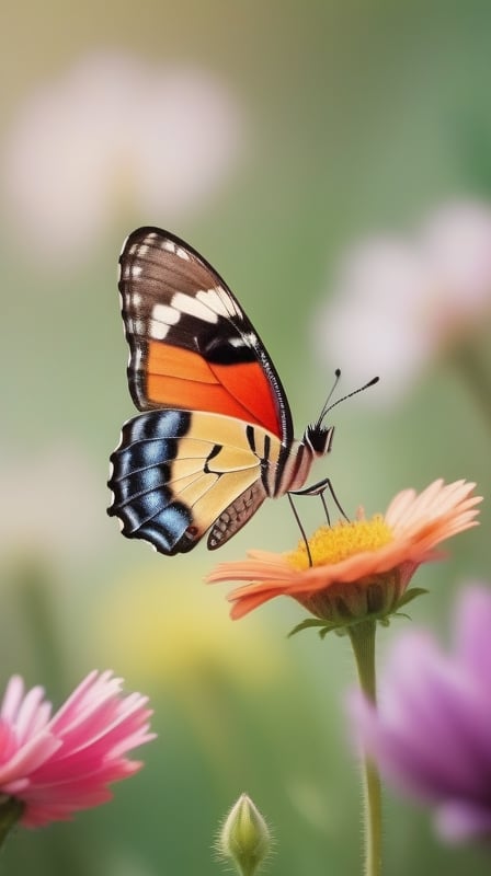 a simple pure blank background, a colorfull butterfly,gracefully landing on kinds of flowers, portrayed in a realistic photographic style with a macro lens, capturing the smallest details