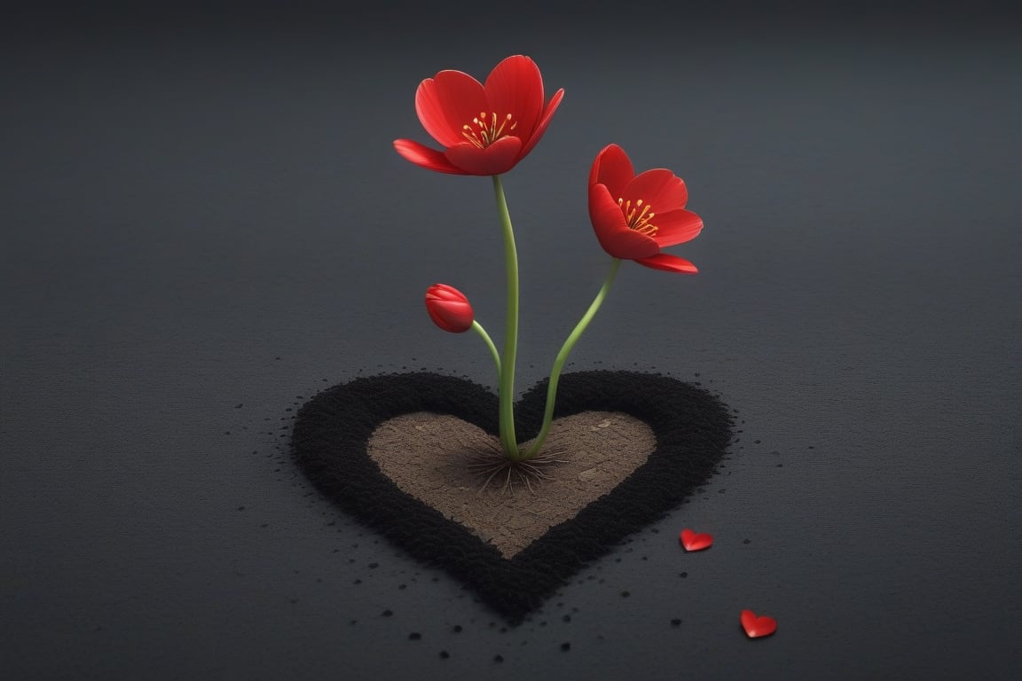 blank pure lightblack backround, one sprouting seed with thin root system on the ground at the bottom of the picture, 3 red blooming flowers,the petals are falling, and some of them makd up a lovely heart shape on the ground,high photorealistic