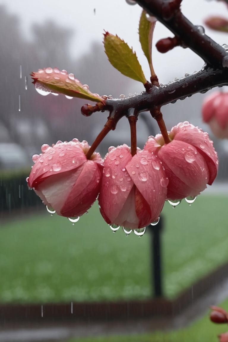  a blooming cherry branch covered by heavy drew and rain drops
