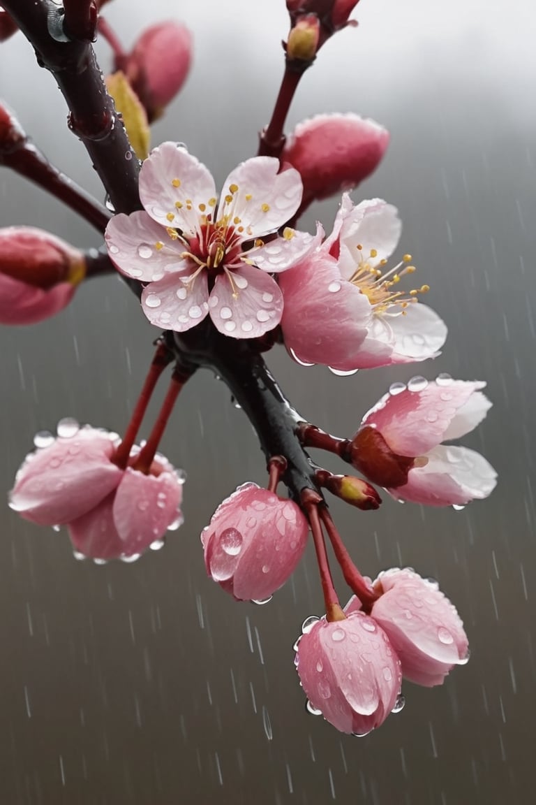  a blooming cherry branch covered in drew and rain drops
