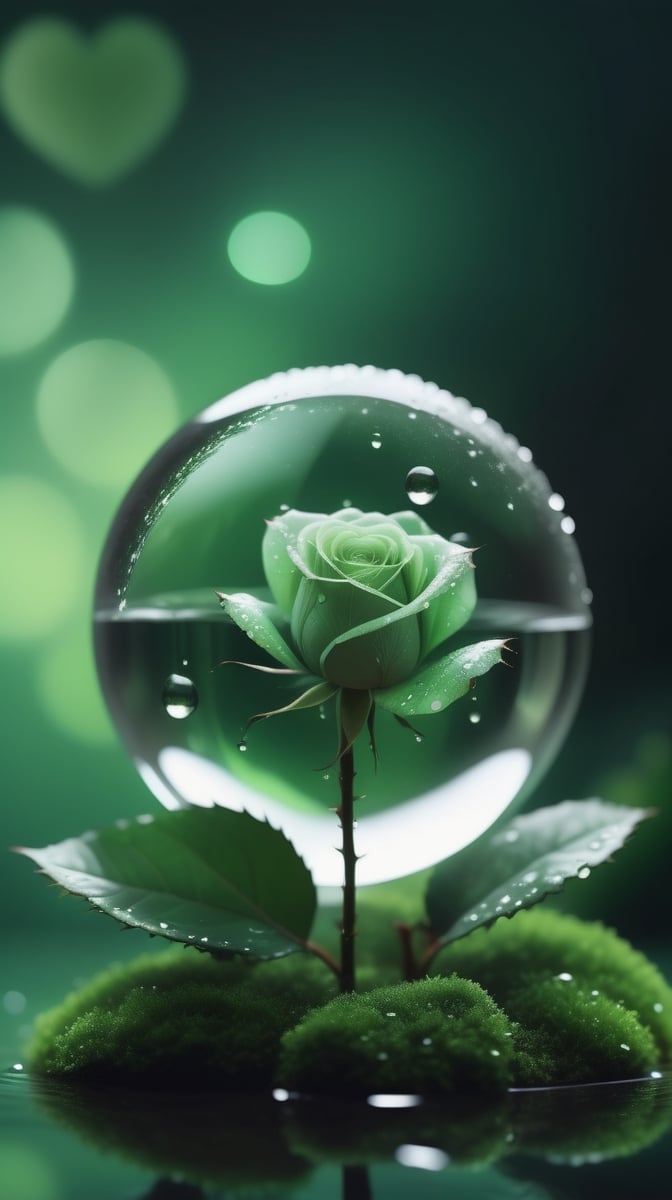 a simple blurred dark moss green background, a big transparent crystal  sphere filled with clear water and a few droplets of water,in which grows a tender green rose with two large leaves and a thin stem,love heart shape,the entire scene is illuminated by a soft green light, giving a sense of tranquility and harmony,
photorealistic

