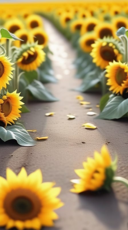 blank pure blured backround,  blooming Sunflowers,  the petals are falling on the ground at the bottom of the picture,  sunlight
high photorealistic