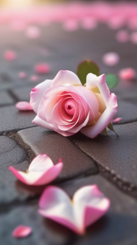 one pink blooming rose,(falling petals),blur background, and the petals formed a heart shape on the ground,
photorealistic