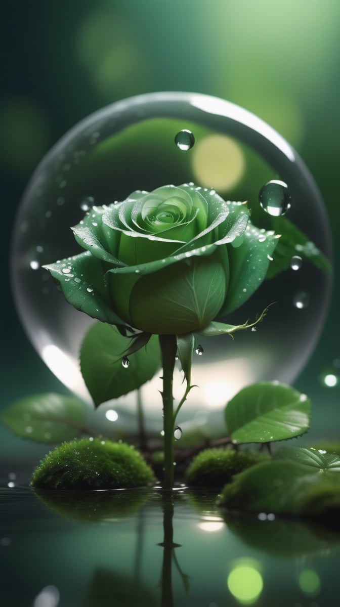 a simple blurred dark moss green background, a big transparent crystal  sphere filled with clear water and a few droplets of water,in which grows a tender green rose with two large leaves and a thin stem,love heart shape,the entire scene is illuminated by a soft green light, giving a sense of tranquility and harmony,
photorealistic

