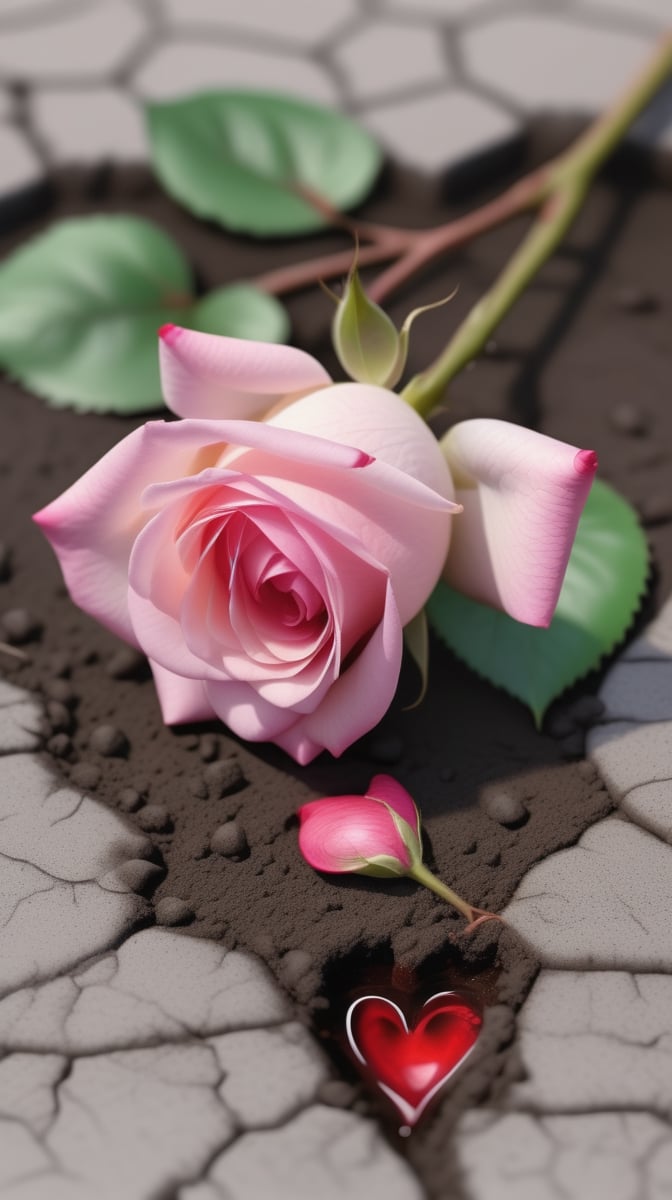 one pink blooming rose,the petals are falling, the petals formed a lovely heart shape on the ground,with a thin root system, high quality,
photorealistic

