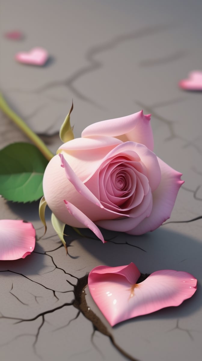 one pink blooming rose,the petals are falling, the petals formed a lovely heart shape on the ground,with a thin root system, high quality,
photorealistic

