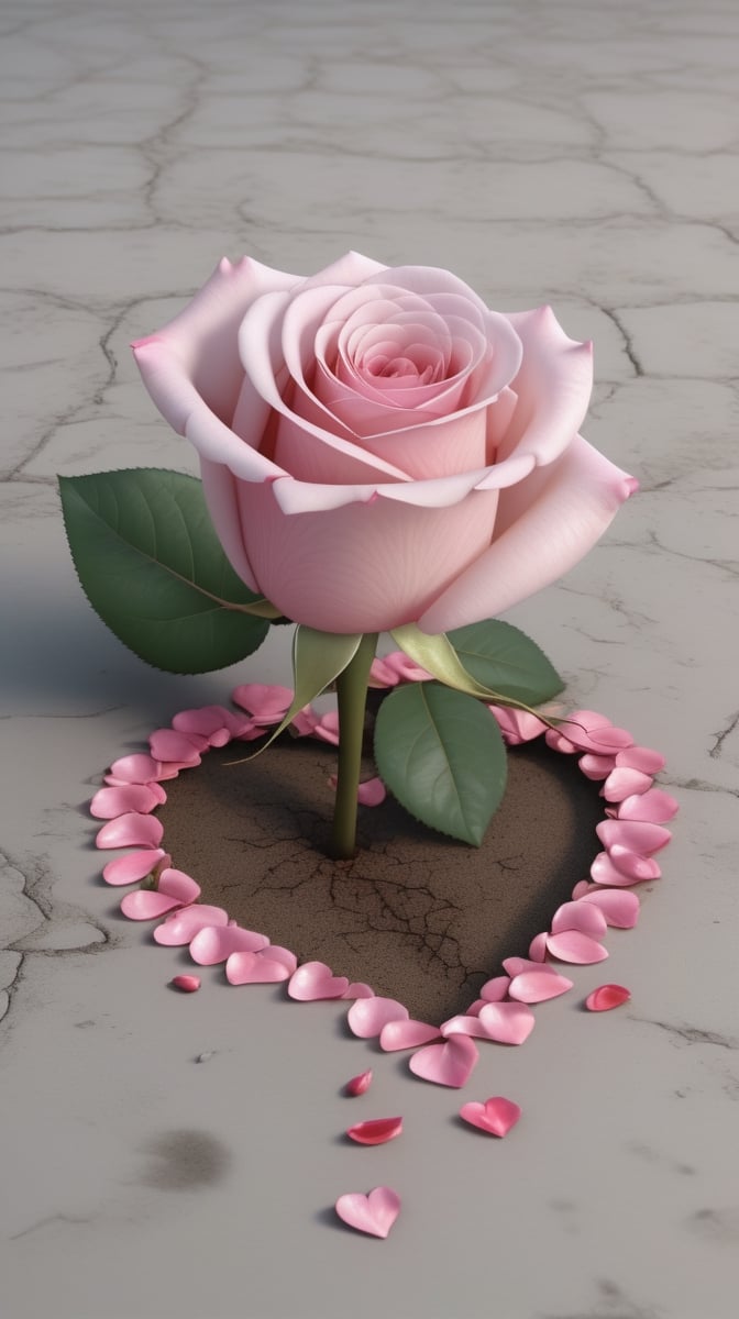 one pink blooming rose,the petals are falling, the petals formed a lovely heart shape on the ground,with a thin root system, high quality,
photorealistic

