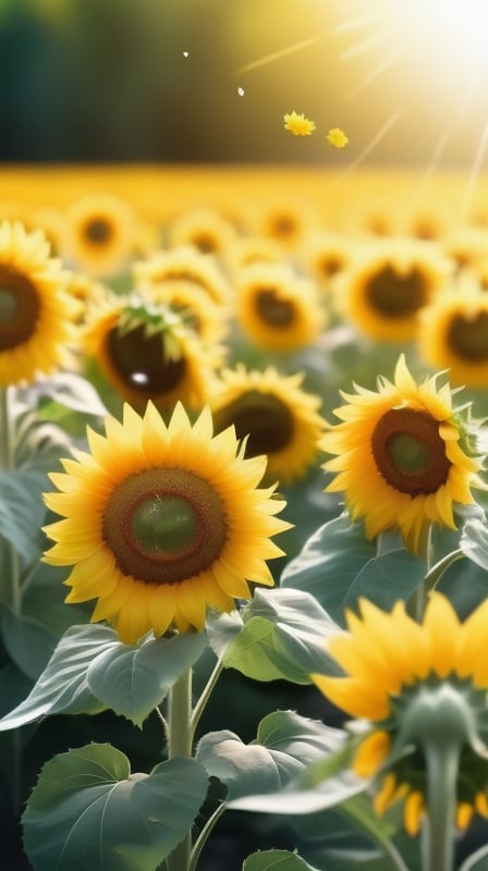 blank pure blured backround,  blooming Sunflowers,  the petals are falling on the ground at the bottom of the picture,  sunlight
high photorealistic