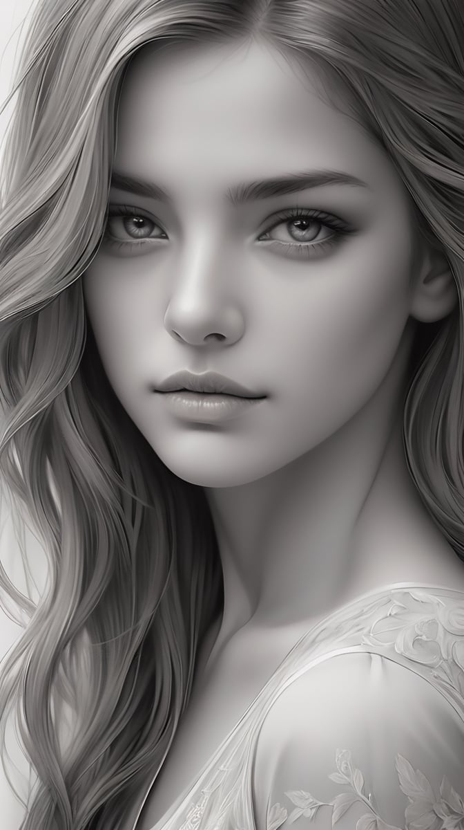 A beautifully rendered pencil art portrait of a woman with a captivating gaze. The illustration showcases her delicate facial features, with soft shading and detailing that brings the image to life. The background is a subtle blend of gray tones, drawing focus to the woman's captivating expression and the intricate strands of her hair. The overall effect is a timeless, elegant piece that captures the essence of the subject's soul.