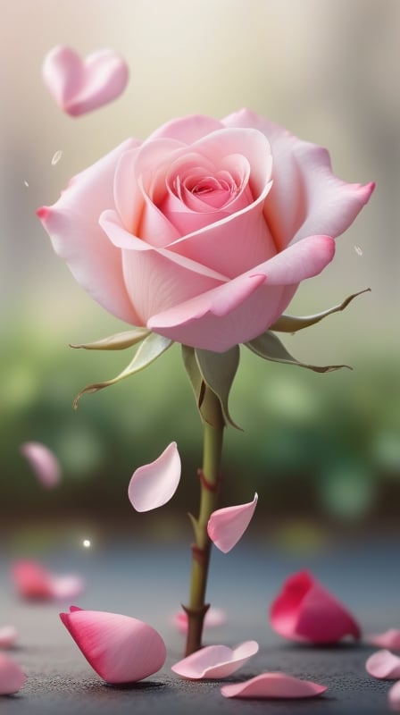 one pink blooming rose,(falling petals),blur background, and the petals formed a heart shape on the ground,
photorealistic