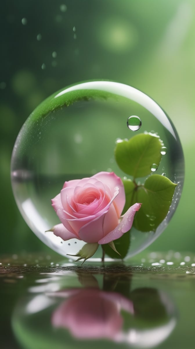 a simple blurred moss green background, a big transparent sphere filled with clear water and a few droplets of water,in which grows a tender pink rose with two large leaves and a thin stem,love heart shape,the entire scene is illuminated by a soft green light, giving a sense of tranquility and harmony,
photorealistic

