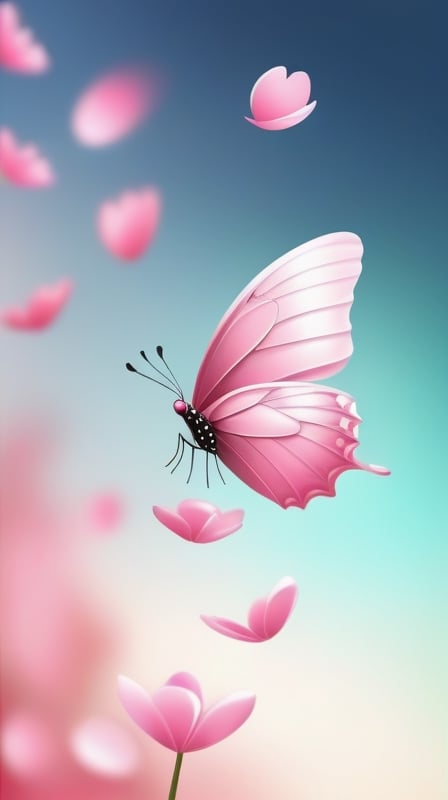 blank pure simple blank backround with one pink colorfully butterfly,(falling petals),blur background,  photorealistic