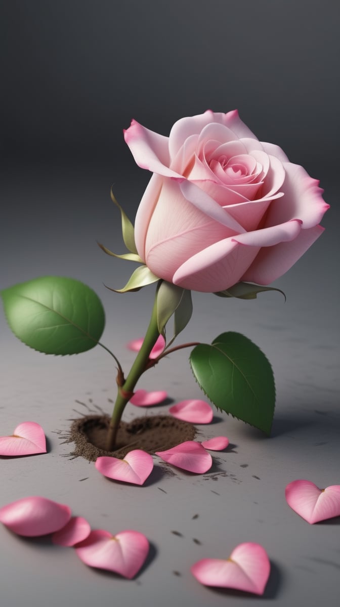 one pink blooming rose,the petals are falling, the petals formed a lovely heart shape on the ground,with a thin root system, high quality,
photorealistic

