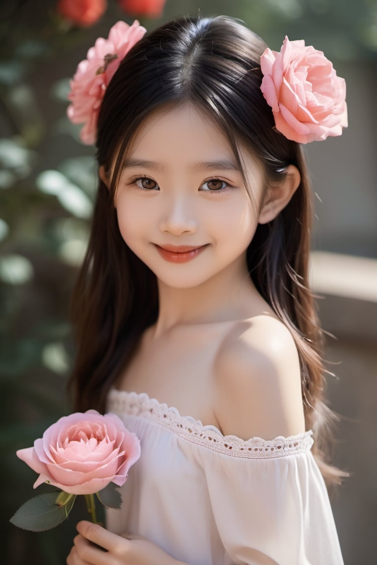 a beautiful chinese girl, 10 year old, off shoulder, rose in hand,giving it for you,smile to you, perfect hands ,details,looking_at_viewer