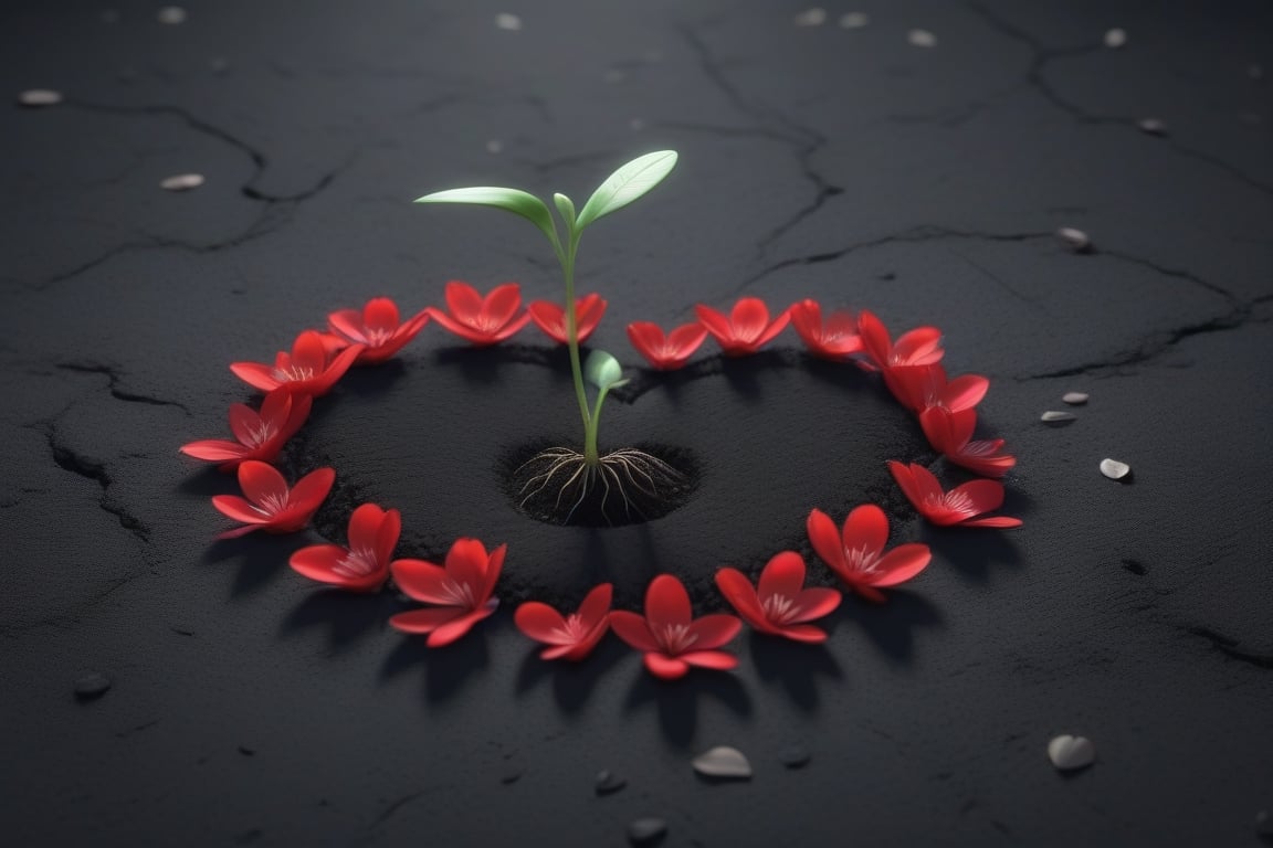 blank pure lightblack backround, one sprouting seed with thin root system on the ground at the bottom of the picture, 3 red blooming flowers,the petals are falling, and some of them makd up a lovely heart shape on the ground,high photorealistic