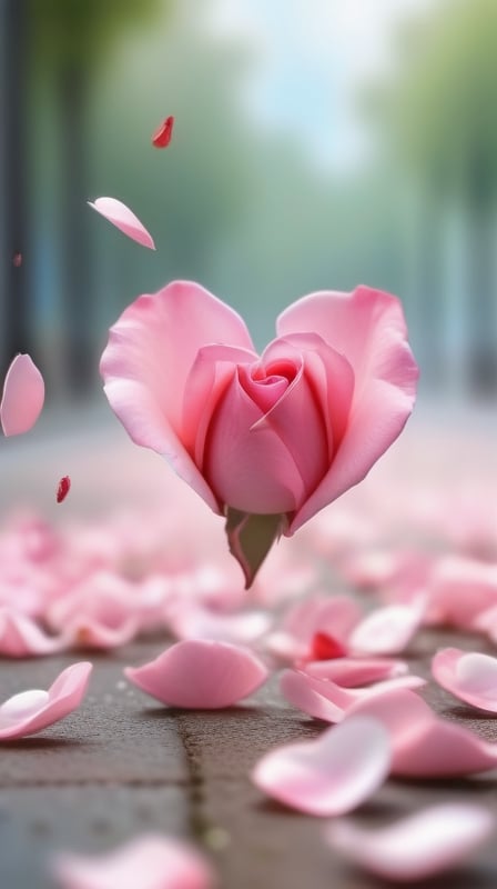 one pink blooming rose,(falling petals),blur background, and the petals formed a heart shape on the ground,
photorealistic