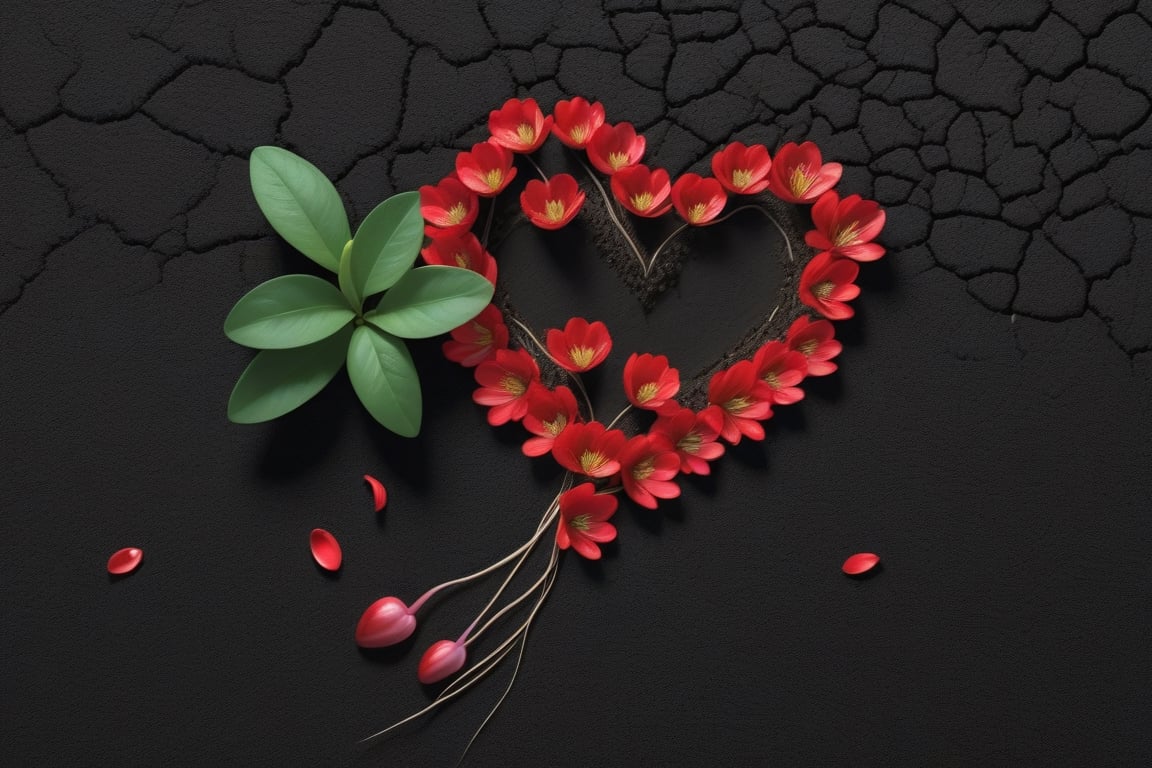 blank pure lightblack backround, one sprouting seed with thin root system on the ground at the bottom of the picture, 3 red blooming flowers,the petals are falling, and some of them makd up a lovely heart shape on the ground,high photorealistic