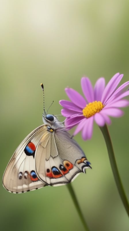 a simple pure blank background, a little colorfull butterfly,gracefully landing on kinds of small flowers, portrayed in a realistic photographic style with a macro lens, capturing the smallest details