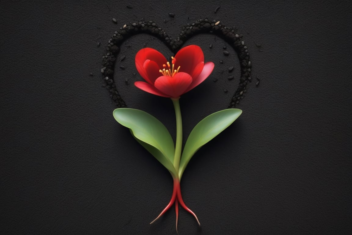 blank pure lightblack backround, one sprouting seed with thin root system on the ground at the bottom of the picture, 3 red blooming flowers,the petals are falling, and some of them makd up a lovely heart shape on the ground,high photorealistic