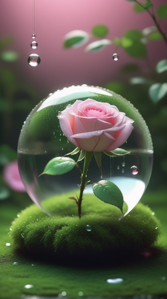 a big transparent sphere filled with clear water and a few droplets of water,below the sphere is a green mossy ground, on which grows a tender pink rose with two large leaves and a thin stem,love heart shape,the entire scene is illuminated by a soft green light, giving a sense of tranquility and harmony,
photorealistic

