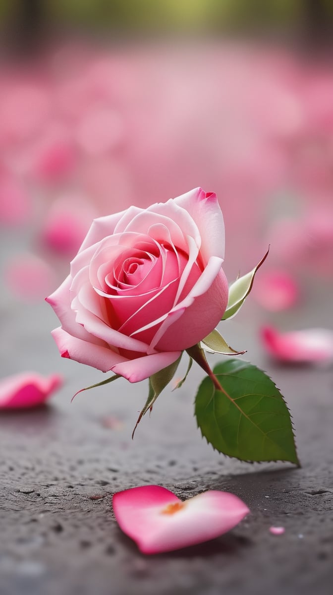 one pink blooming rose,(falling petals),blur background, and the petals formed a heart shape on the ground, photorealistic