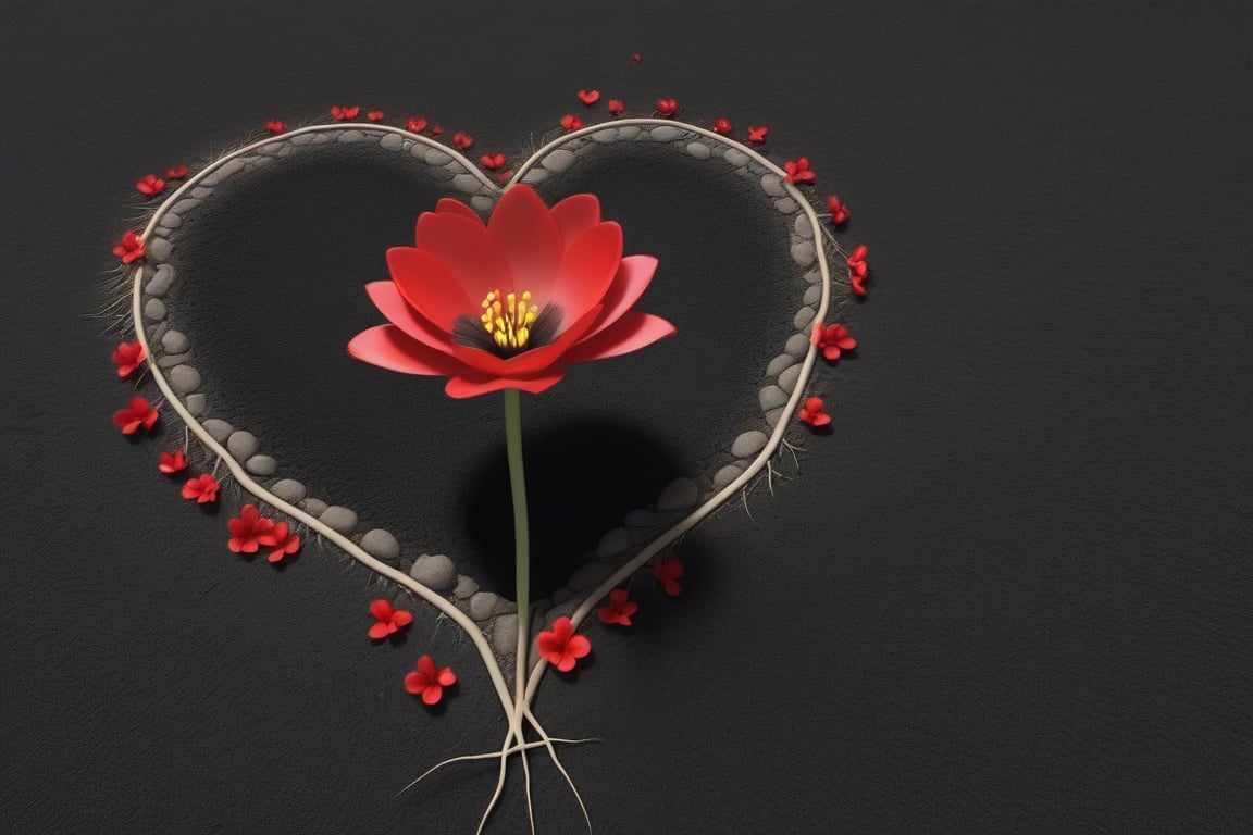 blank pure lightblack backround, one sprouting seed with thin root system on the ground at the bottom of the picture, 3 red blooming flowers,the petals are falling, and some of them makd up a lovely heart shape on the ground,high photorealistic