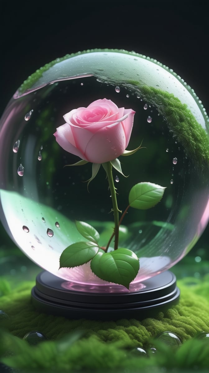 a big transparent sphere filled with clear water and a few droplets of water,below the sphere is a green mossy ground, on which grows a tender pink rose with two large leaves and a thin stem,love heart shape,the entire scene is illuminated by a soft green light, giving a sense of tranquility and harmony,
photorealistic

