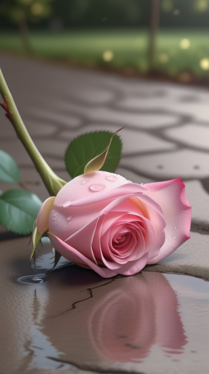 one pink blooming rose,the petals are falling, the petals formed a lovely heart shape on the ground,with a thin root system, high quality,
photorealistic

