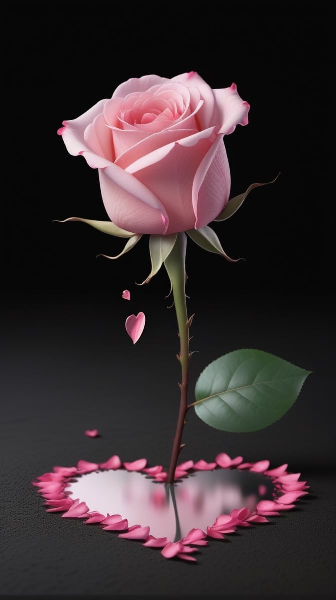 blank pure black background,one pink blooming rose,the petals are falling, the petals formed a lovely heart shape on the ground,with a thin root system, high quality,
photorealistic

