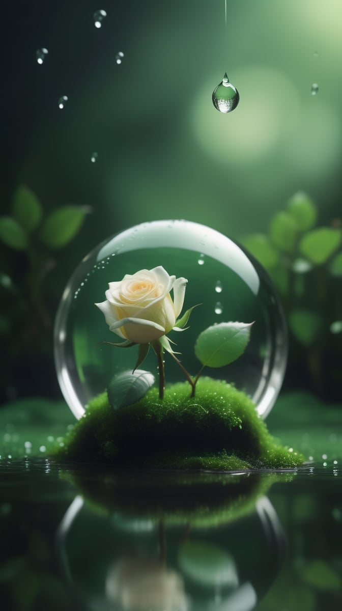 a simple blurred dark moss green background, a big transparent crystal  sphere filled with clear water and a few droplets of water,in which grows a tender green rose with two large leaves and a thin stem,love heart shape,the entire scene is illuminated by a soft green light, giving a sense of tranquility and harmony,
photorealistic

